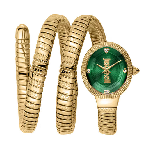 Gold watch with green face and matching bracelet on a white background