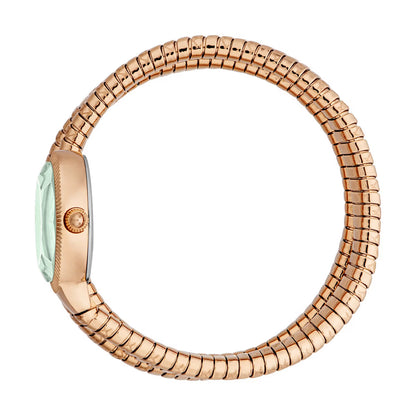 Rose gold watch band with a light green face on a white background