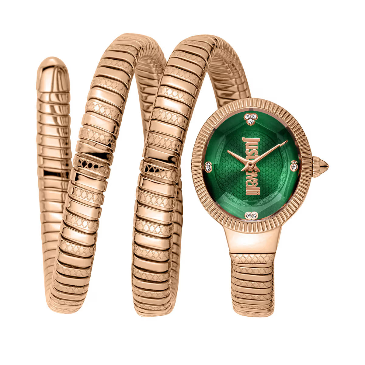 Rose gold watch with green face and matching bracelet on a white background