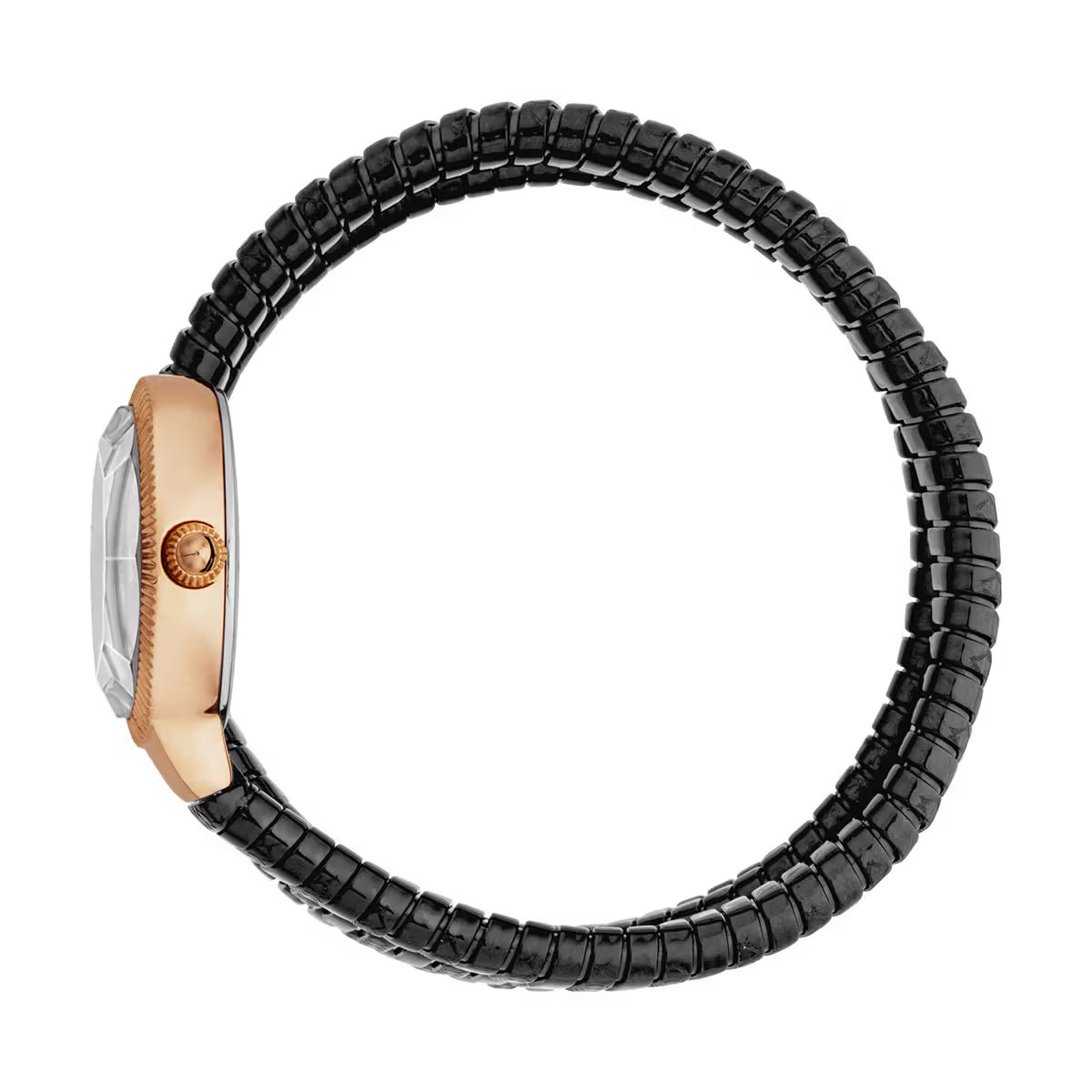 Watch with black beaded strap and rose gold accents on a white background