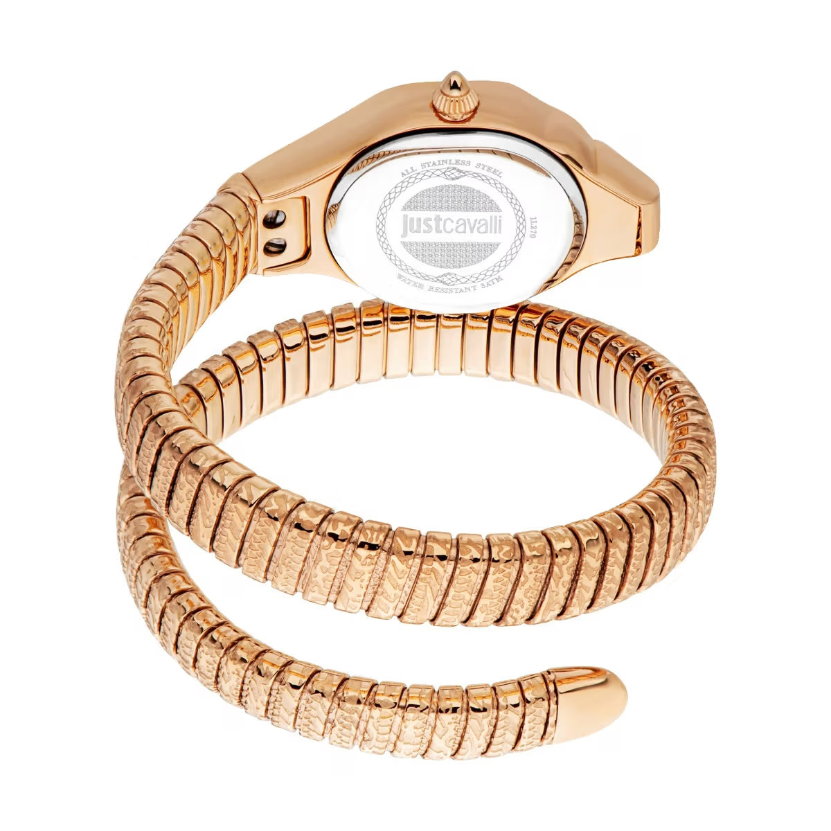 Rose gold watch with snake-like band on a white background