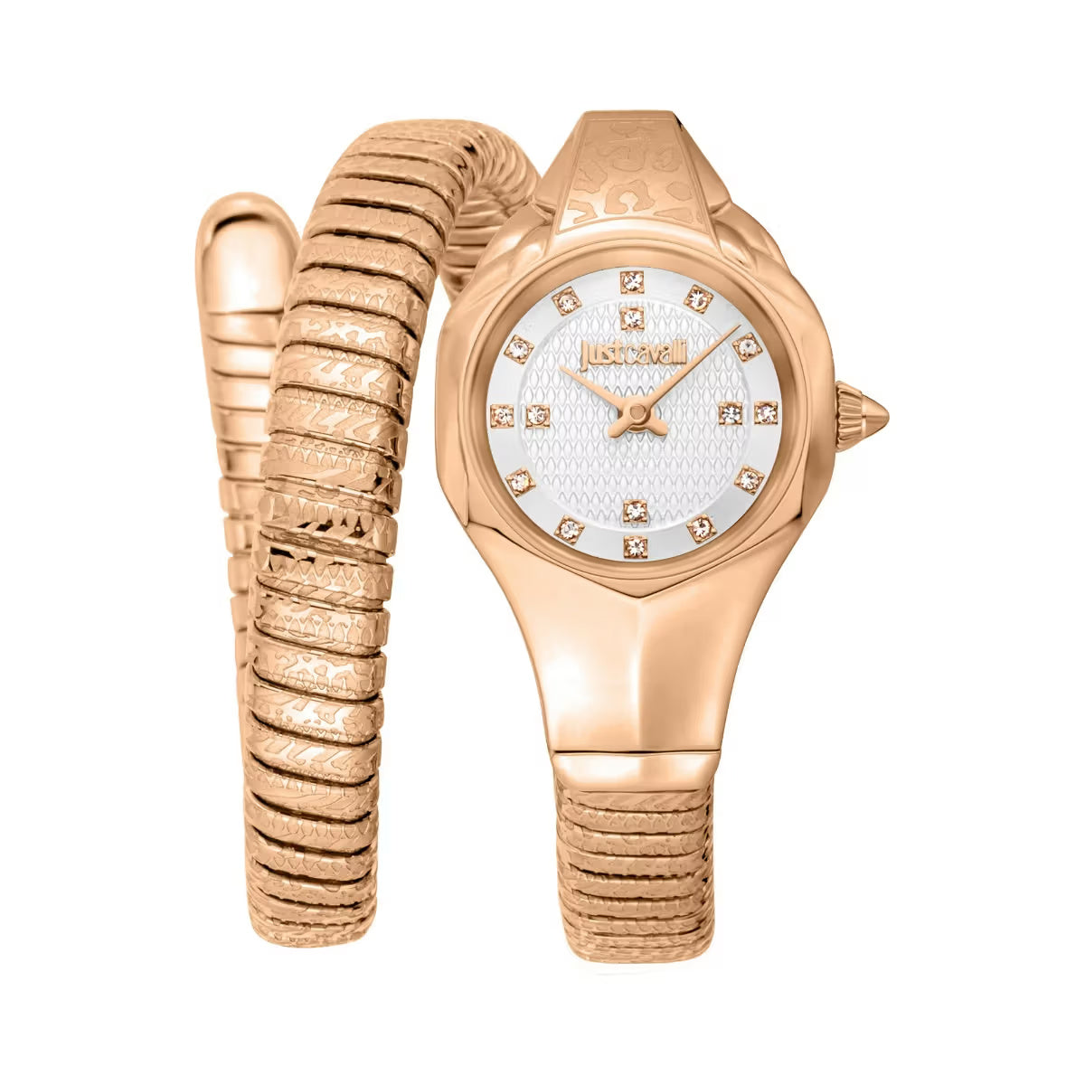 Rose gold watch with textured band on a white background