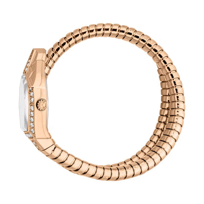 Rose gold watch with a white face on a white background