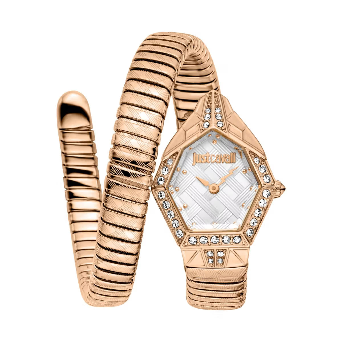 Rose gold watch with a unique design on a white background