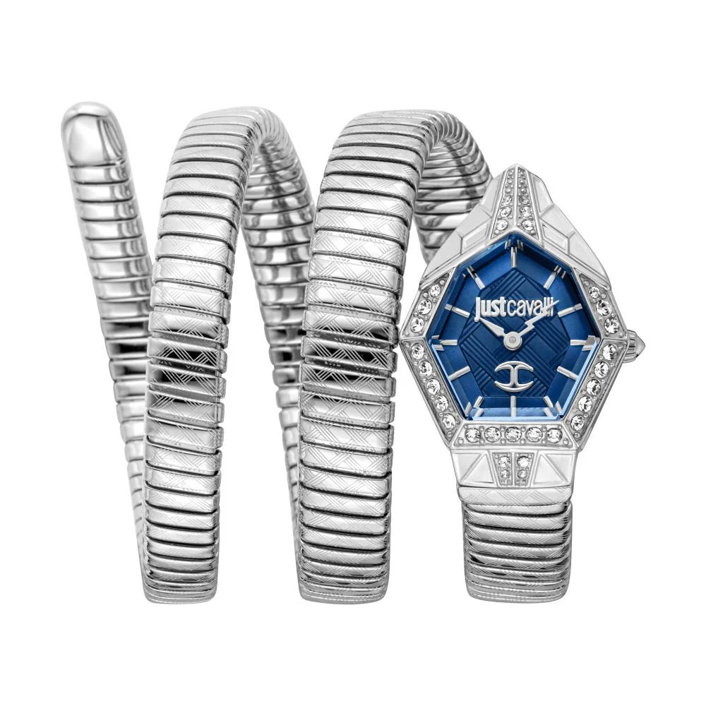 A silver-colored JUST CAVALLI analog watch with a blue dial and crystal embellishments, displayed on a flexible bracelet.