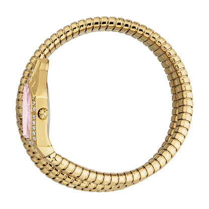 Gold bracelet with a pink gemstone on a white background