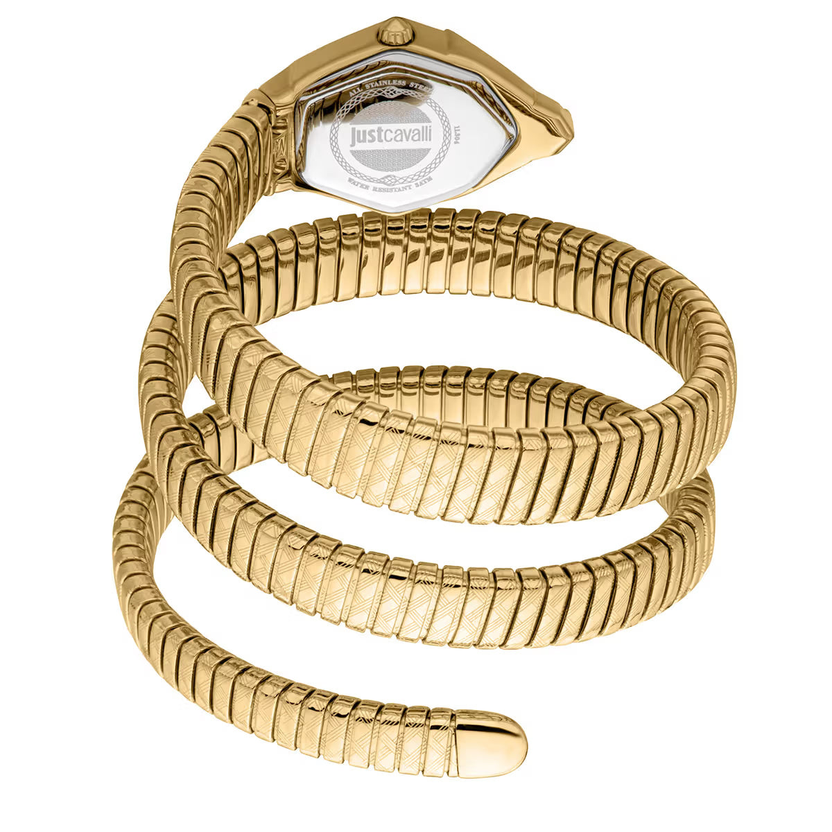 Gold snake-shaped bracelet on a white background