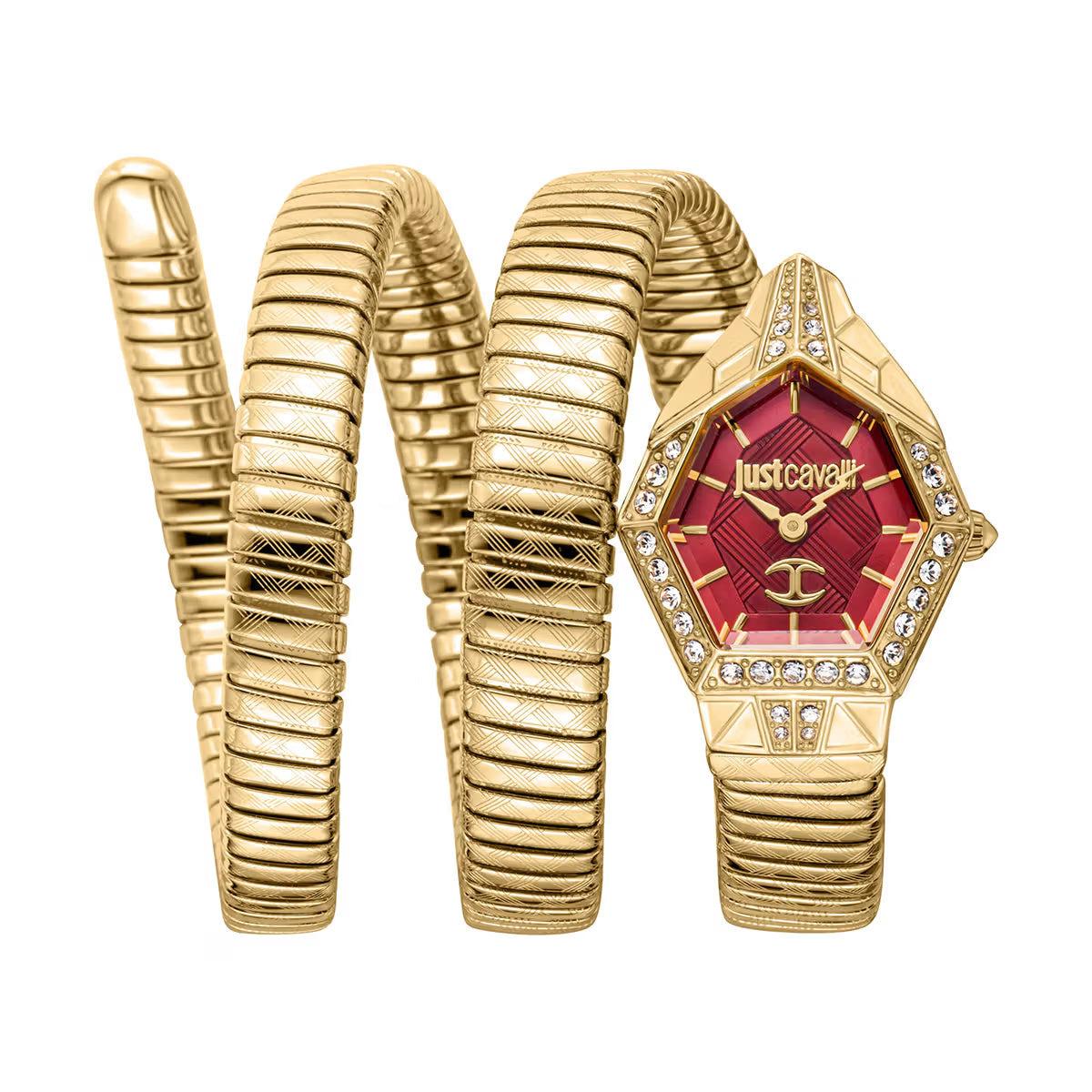 Gold snake-shaped watch with red face and Just Cavalli logo on a white background