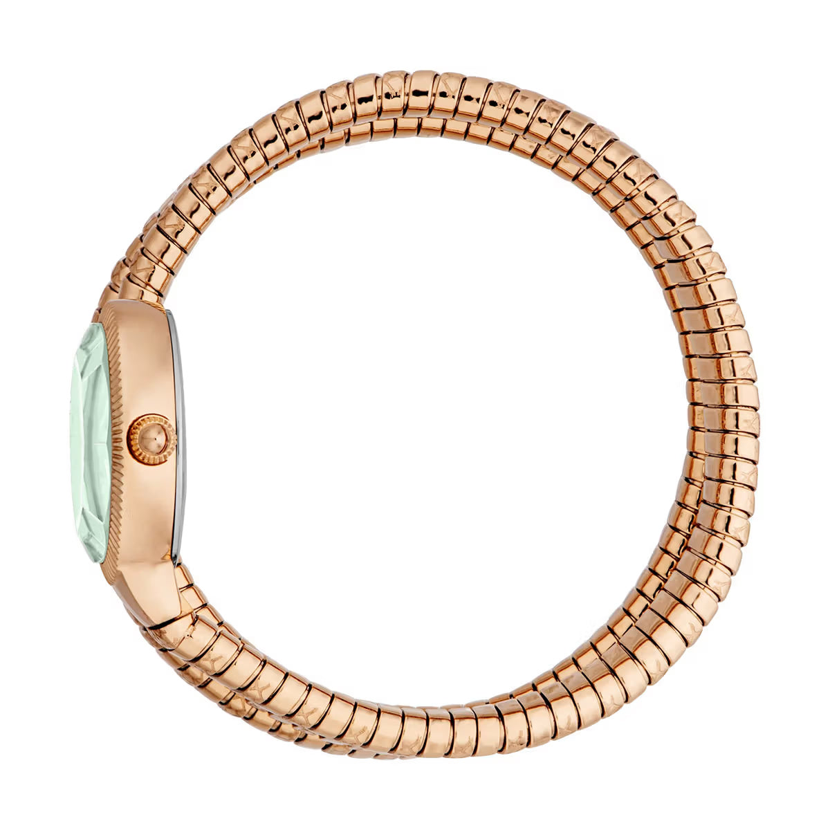 Rose gold watch band with a light green face on a white background