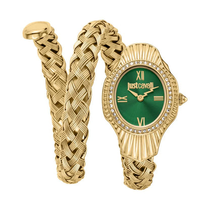 A JUST CAVALLI analog watch with a green dial and a gold-colored twisted snake strap.