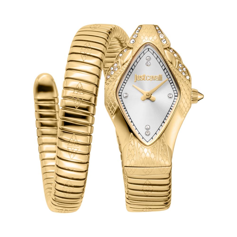 A gold-colored JUST CAVALLI analog watch with a white dial and decorative elements on the watch face and bracelet.