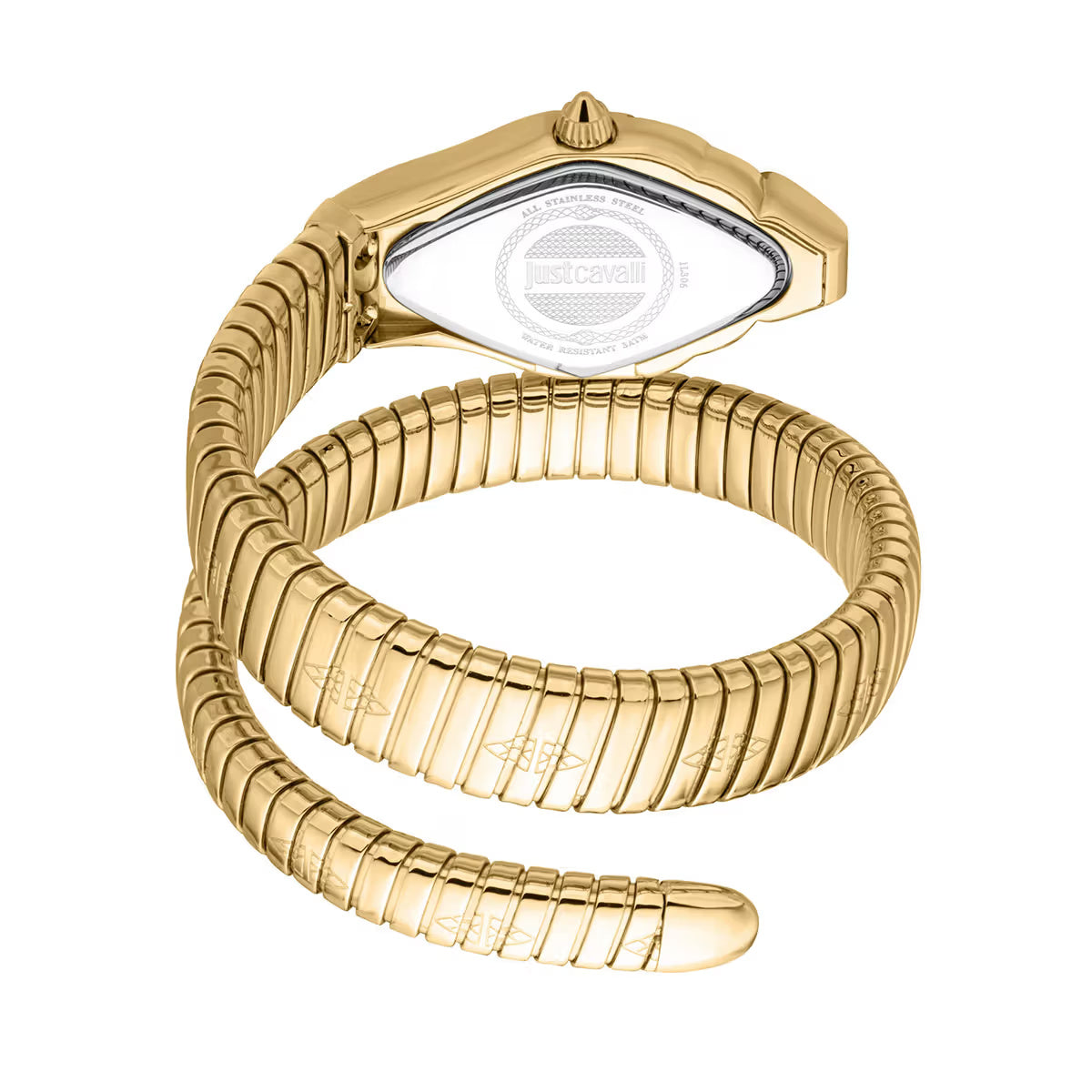 Gold snake-shaped bracelet on a white background