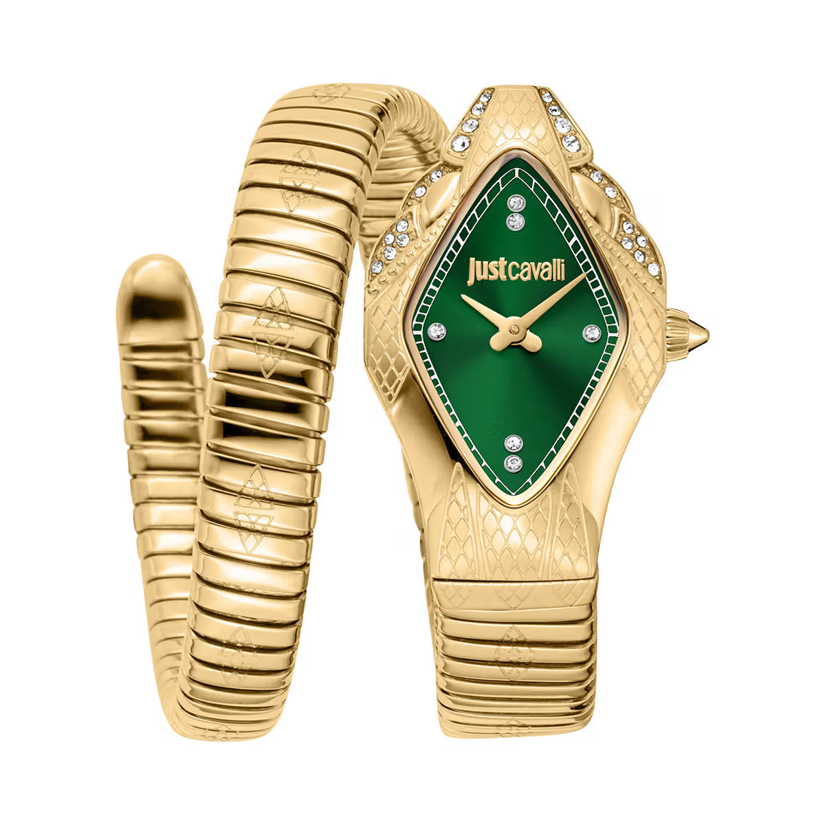 Gold watch with green face and Just Cavalli branding on a white background
