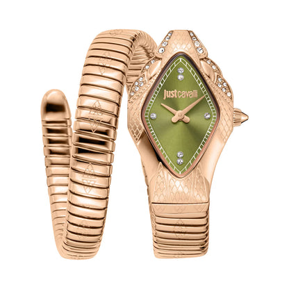 Rose gold watch with green face and 'Just Cavalli' branding on a white background
