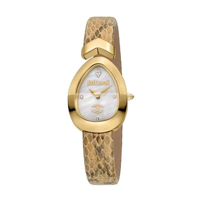 A woman's analog watch from the Diversa Snake collection by JUST CAVALLI with a white MOP asymmetrical dial, beige leather strap, and gold-tone case.