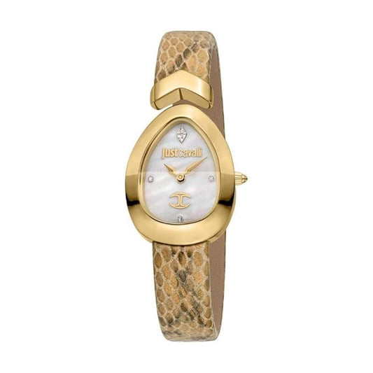 A woman's analog watch from the Diversa Snake collection by JUST CAVALLI with a white MOP asymmetrical dial, beige leather strap, and gold-tone case.