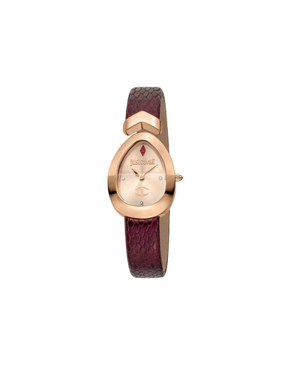 A rose gold analog watch with a burgundy leather strap and a asymmetrical dial, from the JUST CAVALLI Diversa Snake collection.