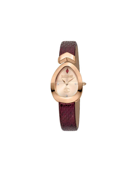 A rose gold analog watch with a burgundy leather strap and a asymmetrical dial, from the JUST CAVALLI Diversa Snake collection.