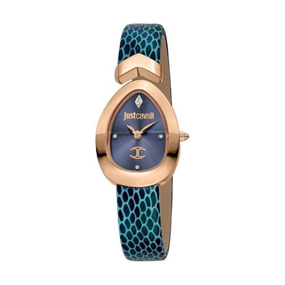 A stylish JUST CAVALLI analog watch with a dark blue asymmetrical dial and a blue leather strap featuring a scale pattern.