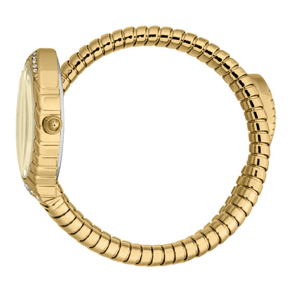 Gold watch with a textured band on a white background
