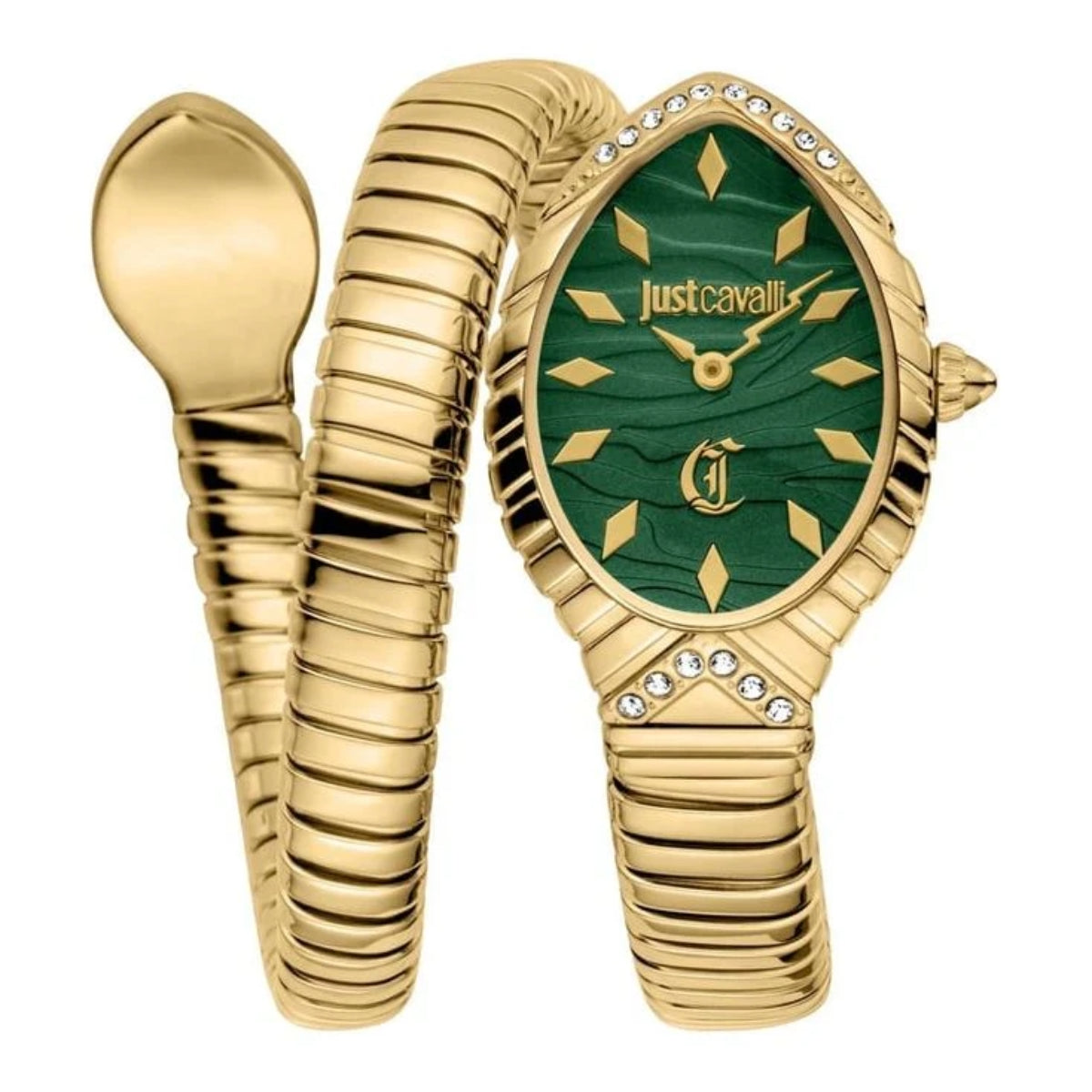 Gold watch with green face and Just Cavalli logo on a white background