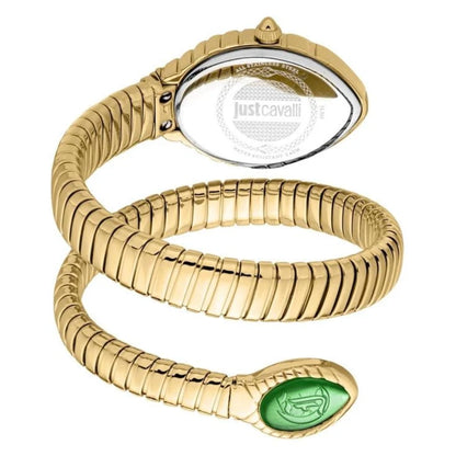 Gold snake-shaped watch with a green stone on a white background, featuring the Just Cavalli brand.