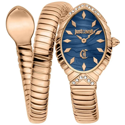 Rose gold watch with blue face and 'just cavalli' branding on a white background