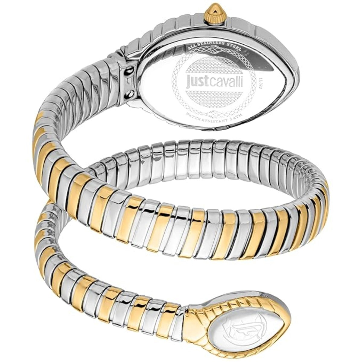 Two-tone watch with silver and gold band on a white background, featuring Just Cavalli branding.