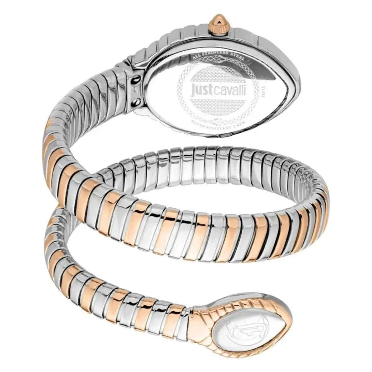 Two-tone watch with silver and rose gold design on a white background
