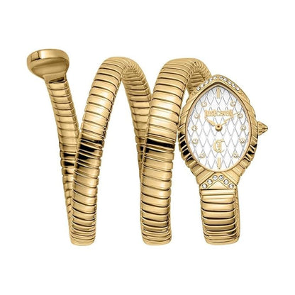 A gold-colored Just Cavalli analog watch designed with a snake-shaped bracelet and a round dial.