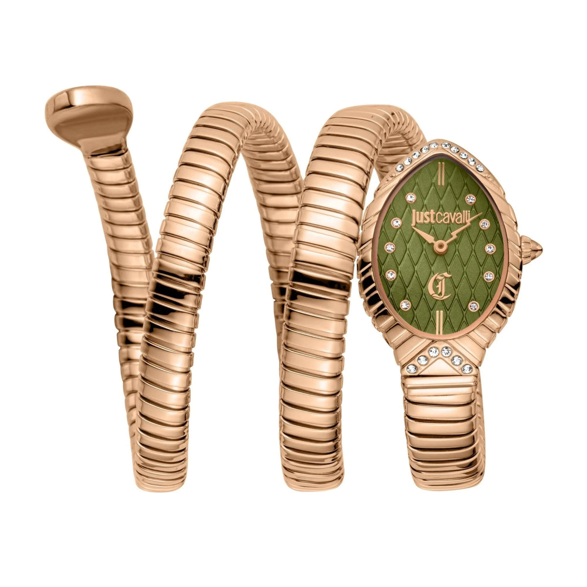 Rose gold watch with green face and 'Just Cavalli' branding on a white background