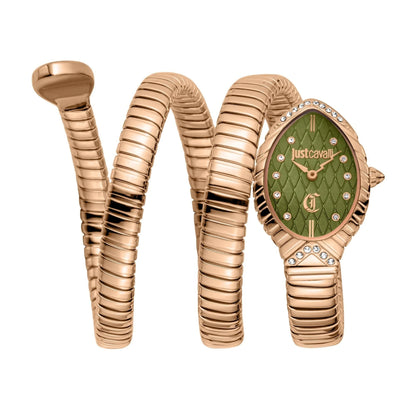 Rose gold watch with green face and 'Just Cavalli' branding on a white background