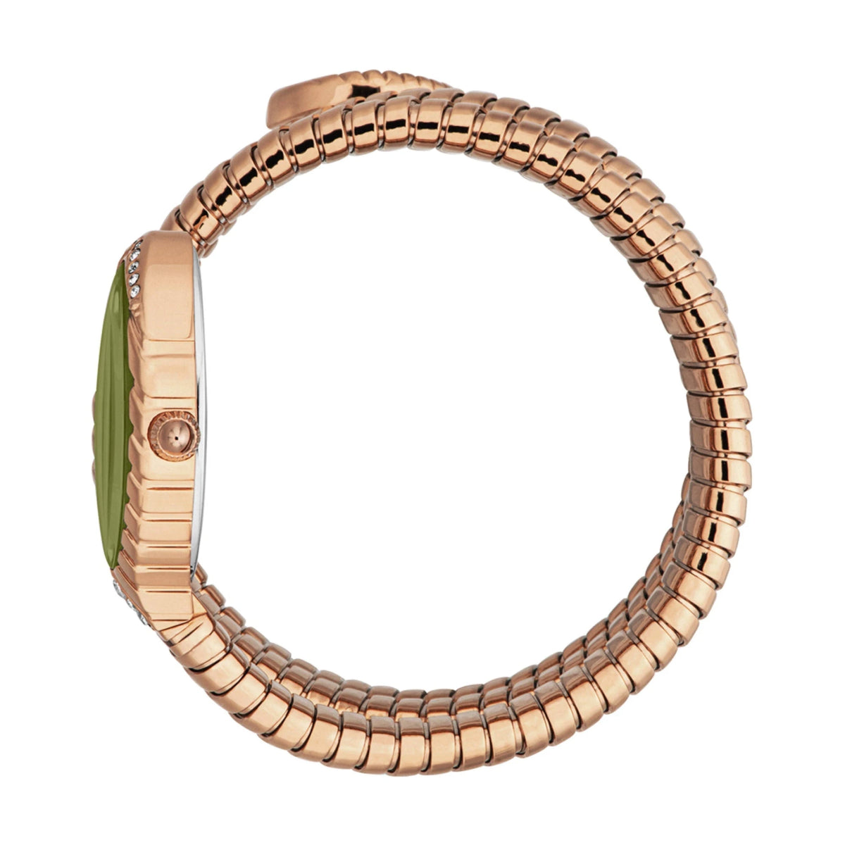 Rose gold bracelet with a green gemstone on a white background