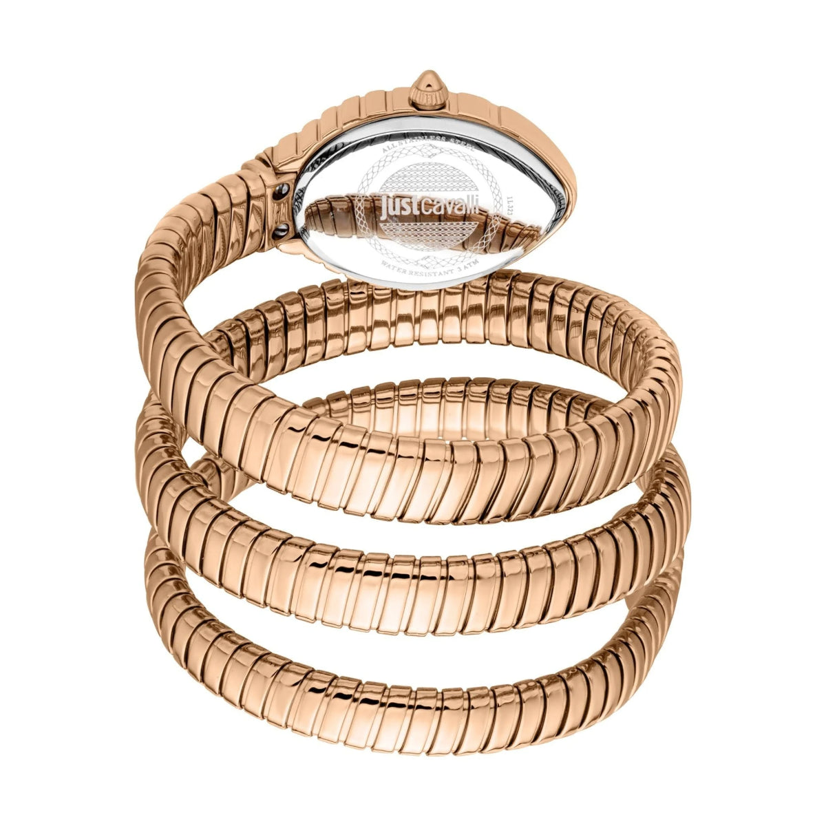 Rose gold bracelet with a clear gemstone on a white background