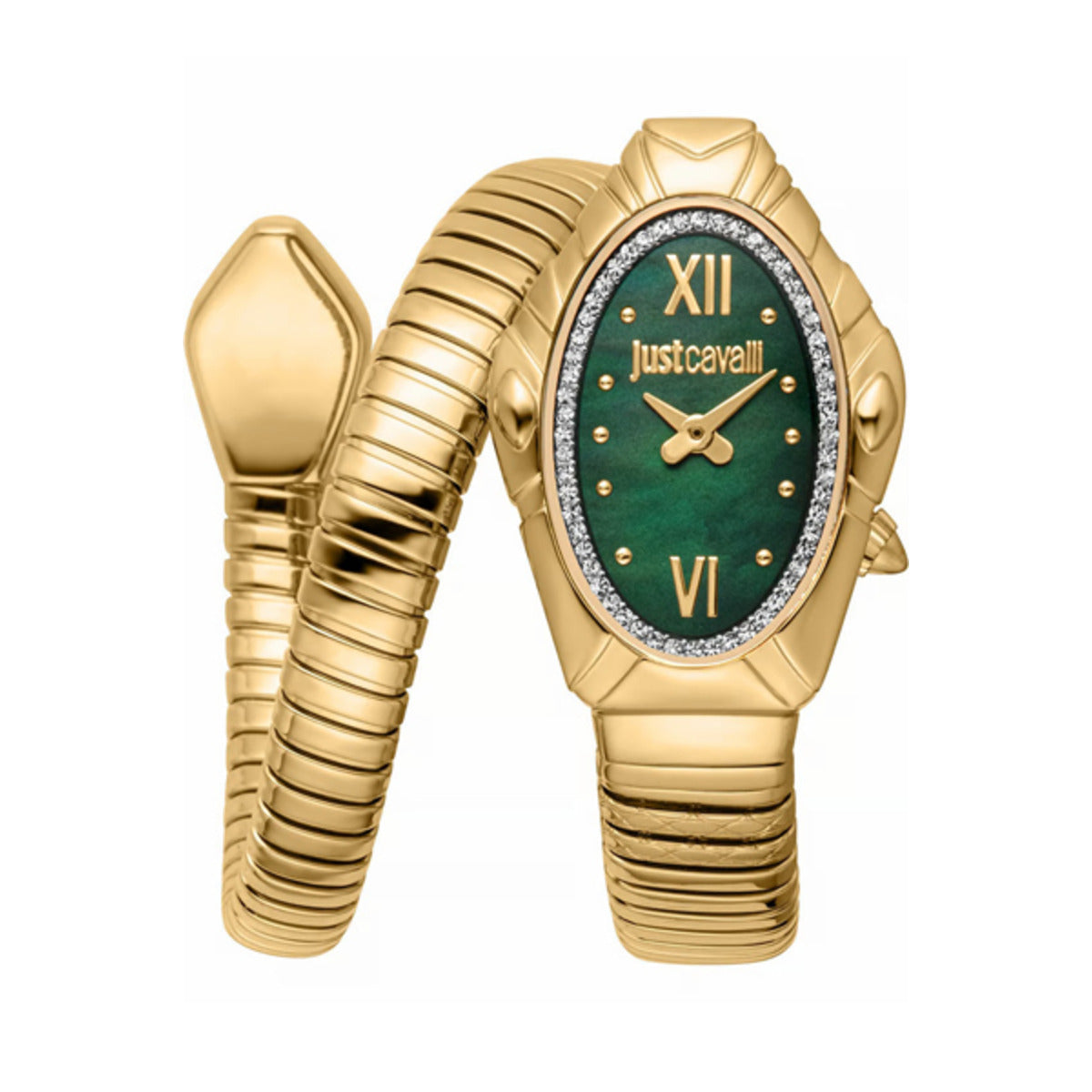 A gold-toned stainless steel analog watch with a green mother-of-pearl dial and diamond accents, from the Just Cavalli Lirica collection.