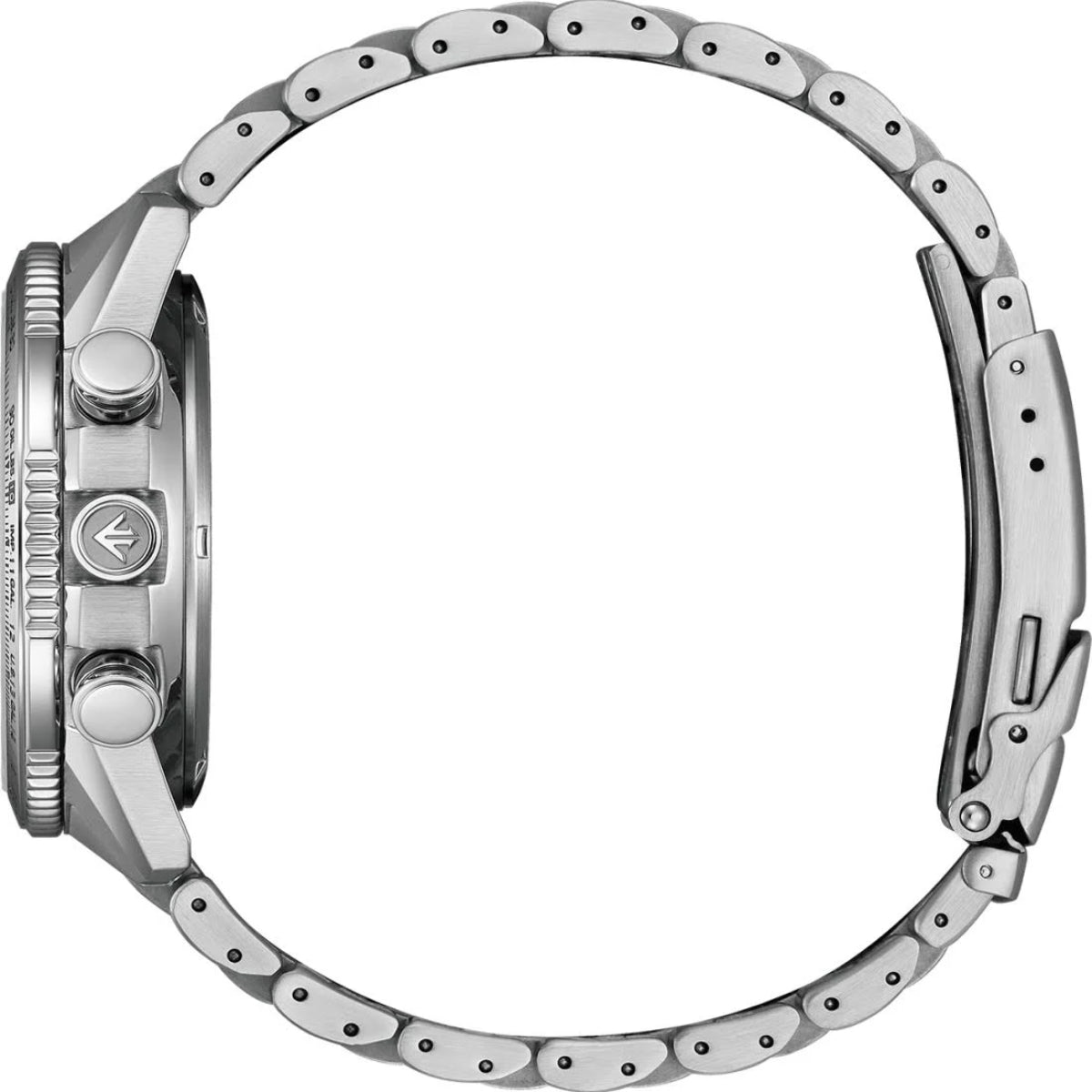 Close-up of a silver watch with detailed design on a white background