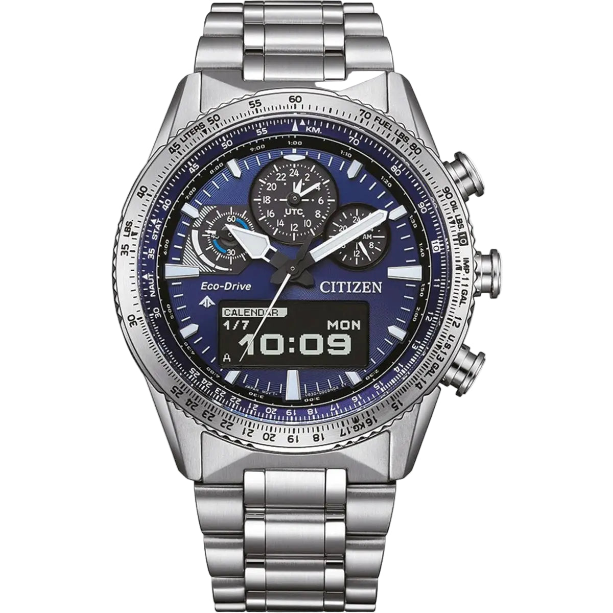 Silver Citizen watch with a blue face on a white background