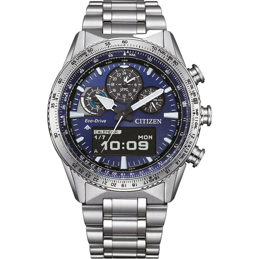 Silver Citizen watch with a blue face on a white background