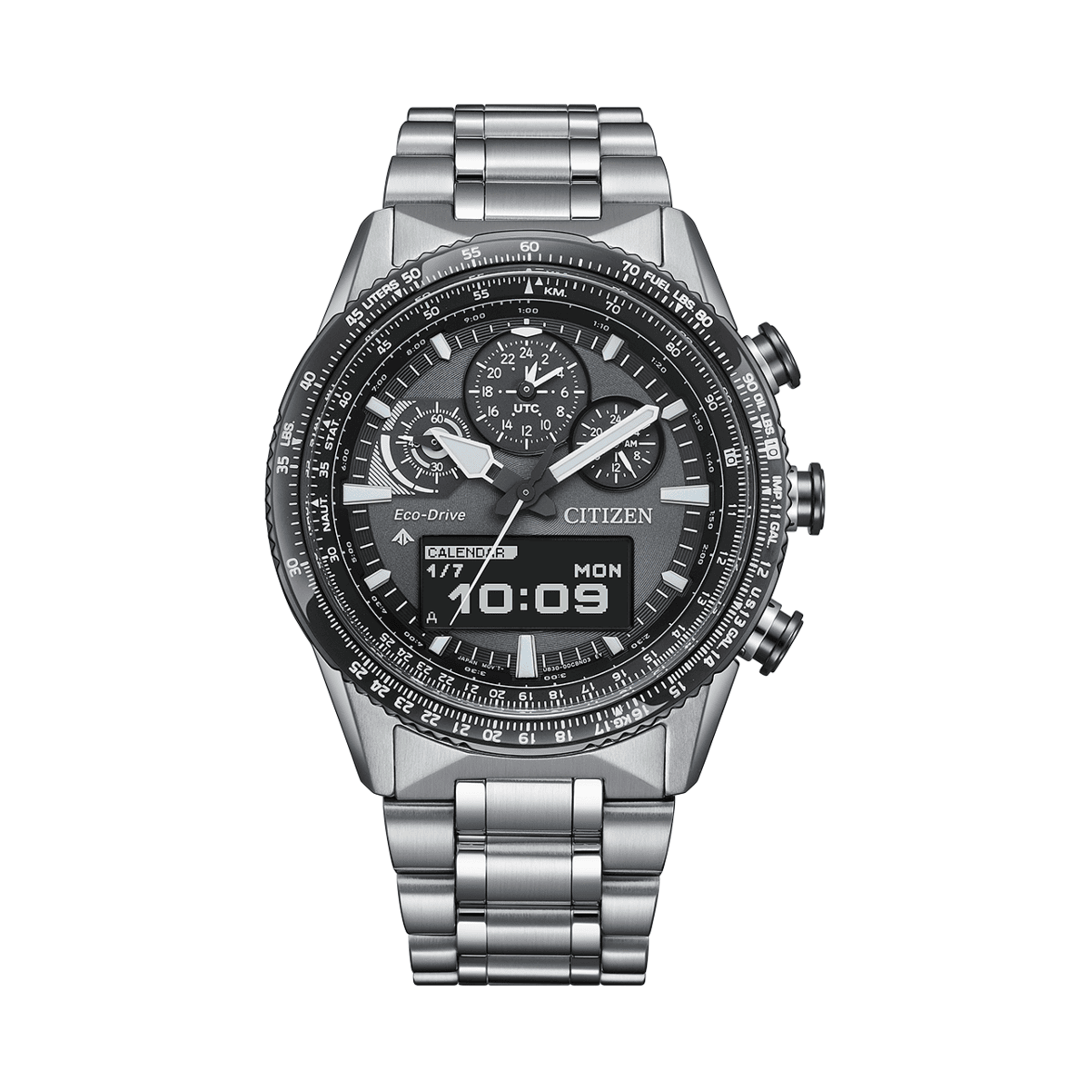 Silver Citizen watch with a detailed face on a white background