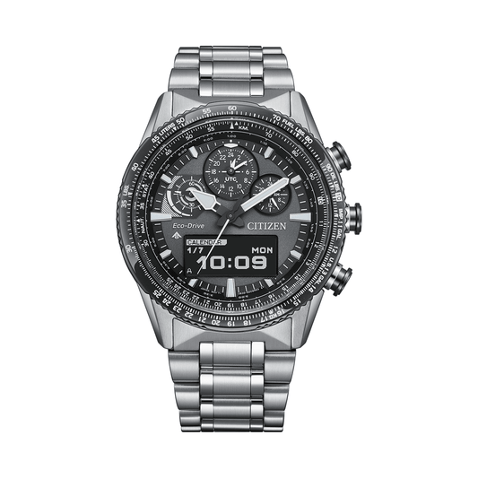 Silver Citizen watch with a detailed face on a white background