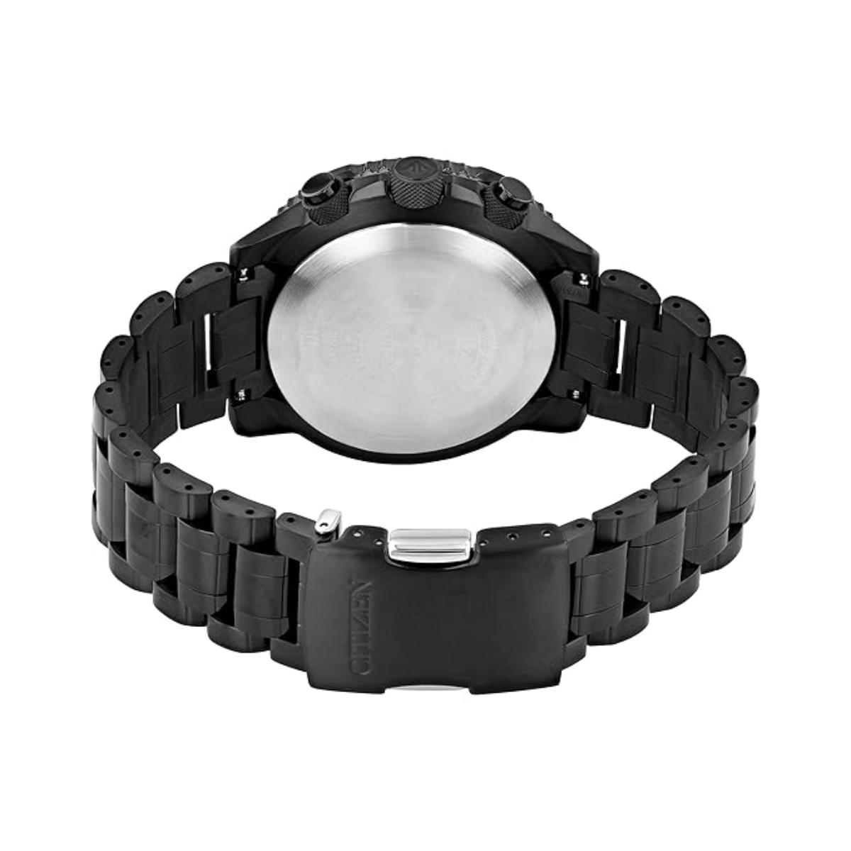 Black Casio watch with metal band on a white background