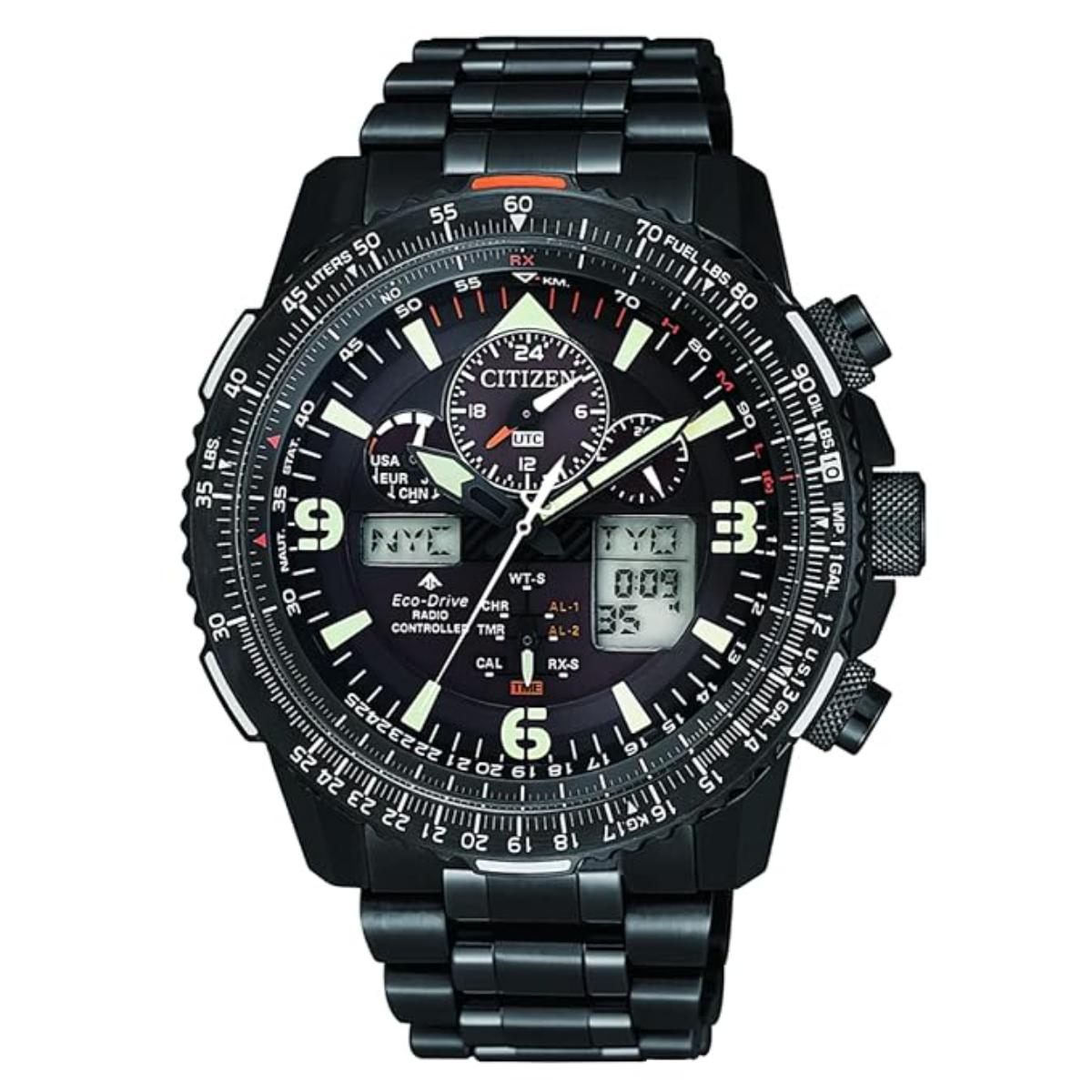 Black Citizen watch with multiple time zones and digital display on a white background