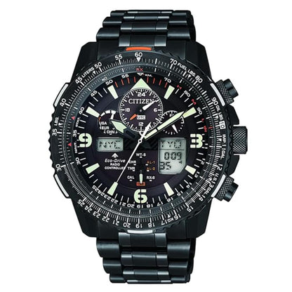 Black Citizen watch with multiple time zones and digital display on a white background