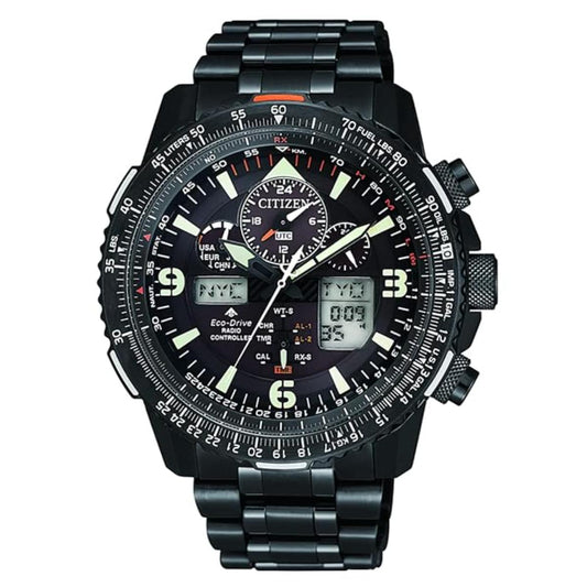 Black Citizen watch with multiple time zones and digital display on a white background