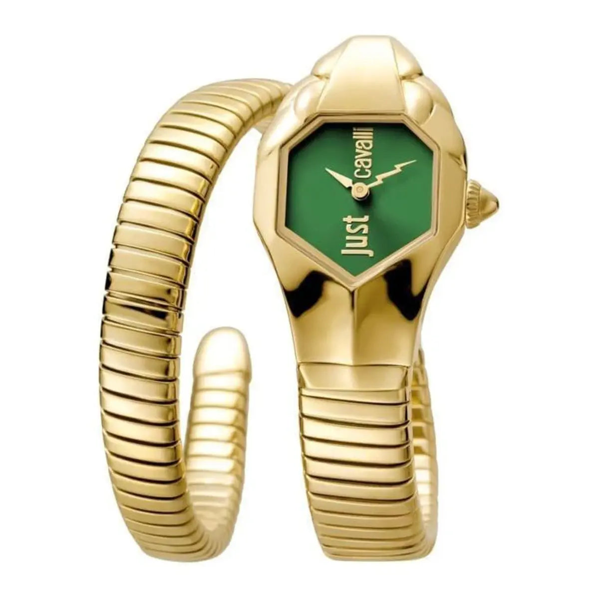 Gold snake-shaped watch with green face on a white background