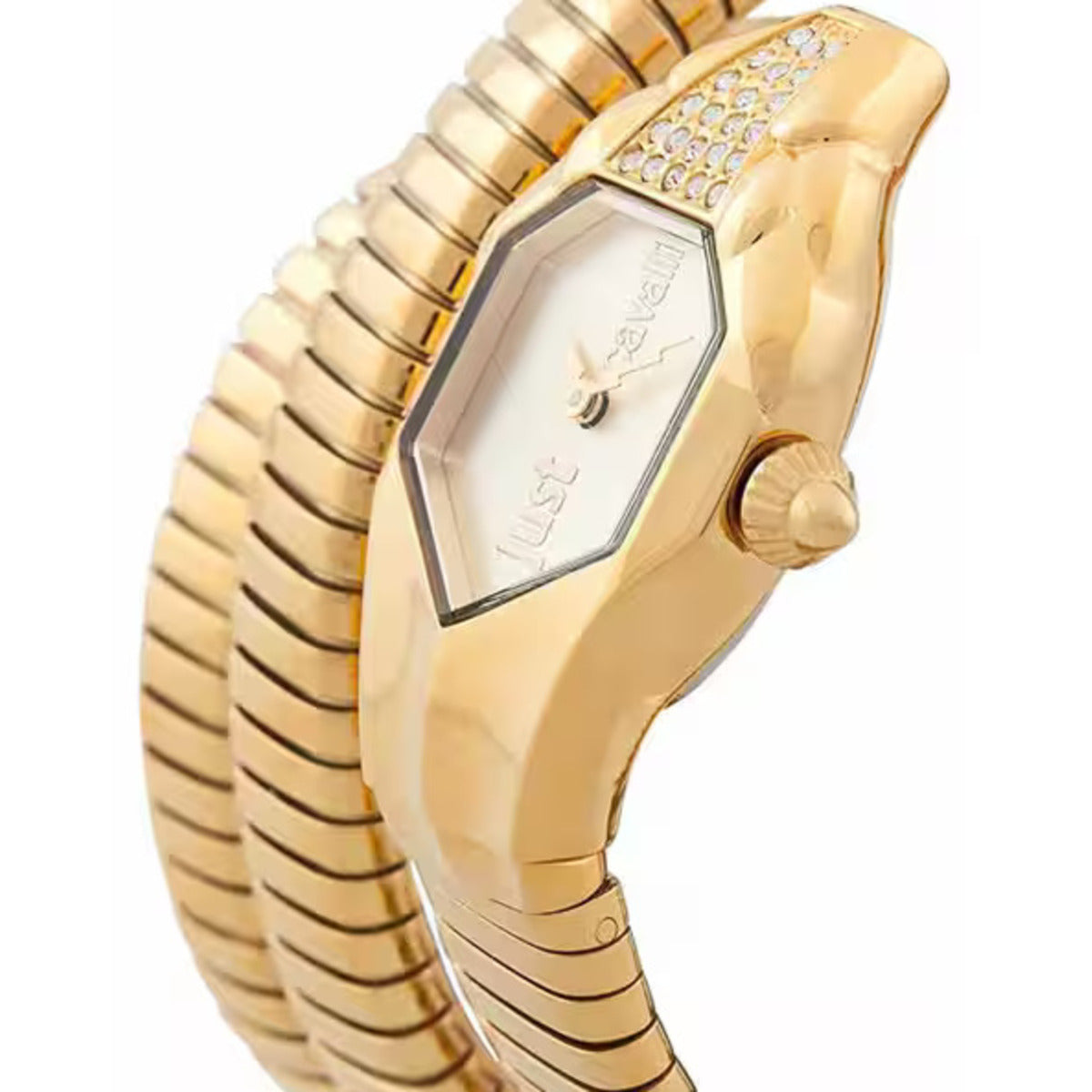 Gold wristwatch with a detailed band on a white background