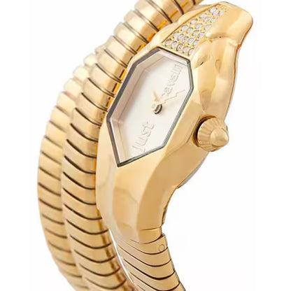 Gold wristwatch with a detailed band on a white background