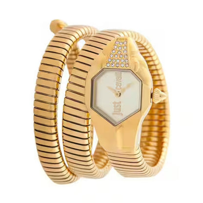Gold snake-shaped watch with a hexagonal face on a white background