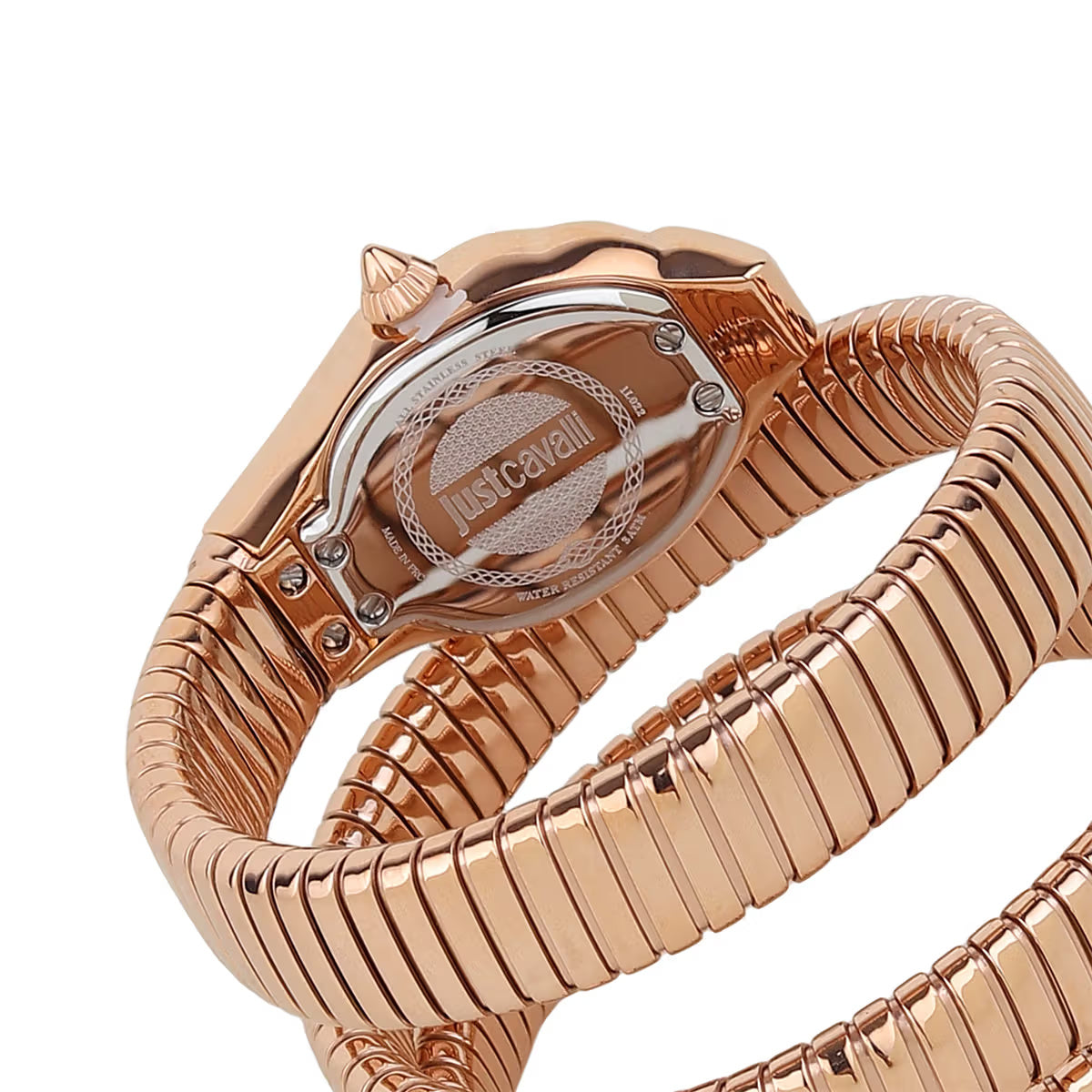 Rose gold watch with a detailed face on a white background