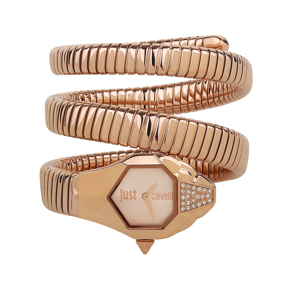 Rose gold bracelet with hexagonal watch face and 'just cavalli' branding on a white background
